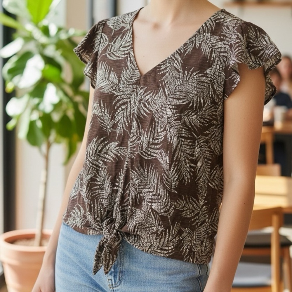 Jane and Delancey Brown White Leaf Print Blouse Tie Front Medium NWT